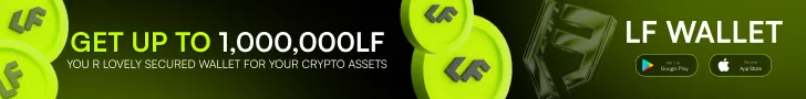 LF Wallet promotion offering up to 1,000,000 LF rewards with Google Play and App Store download options.